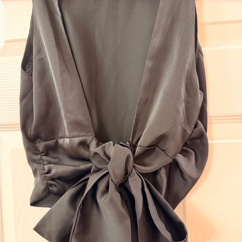 Black Satin Tie-Front Sleeveless Top Backless